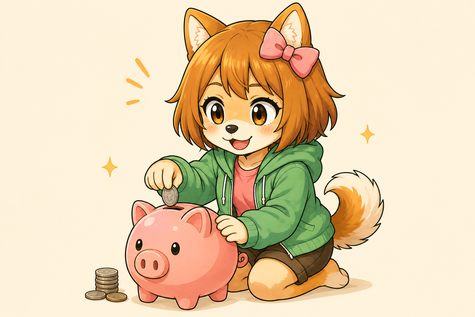 ぶたの貯金箱にコインを入れるしばみ（基礎控除引上げのイメージイラスト）