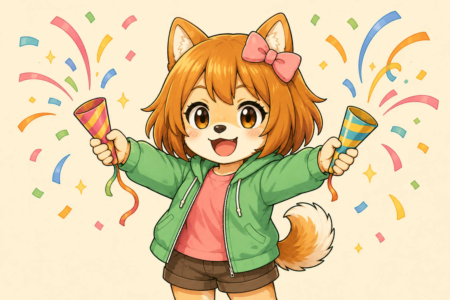 クラッカーでお祝いするしばみ（ホームページ公開のお知らせのイメージイラスト）