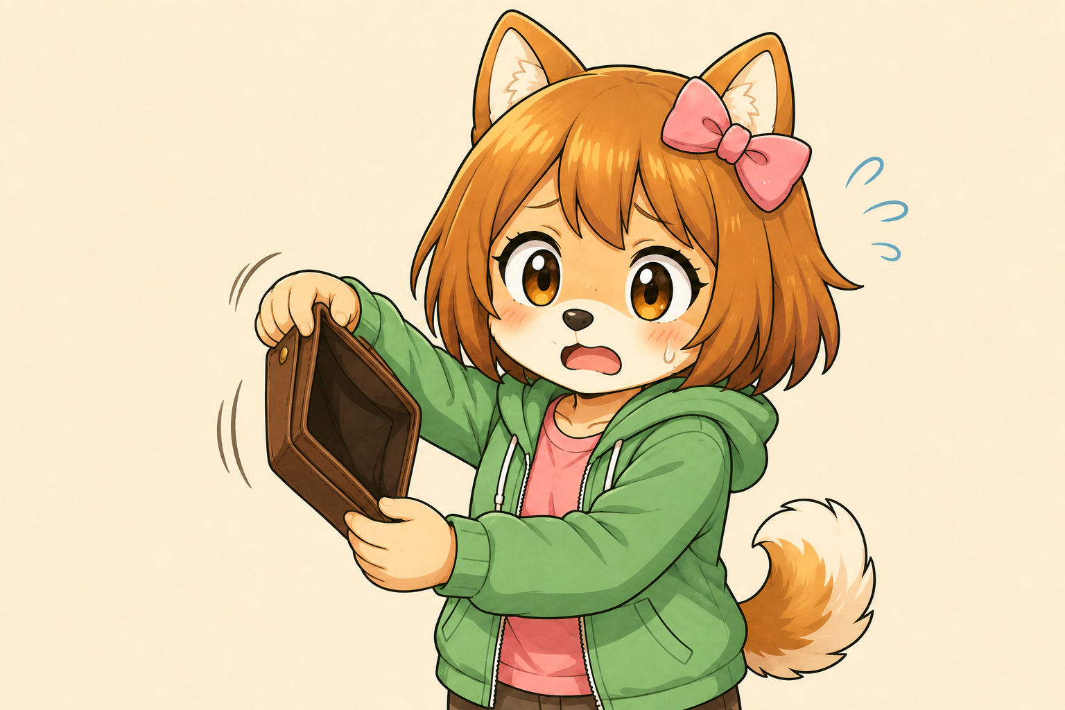 空の財布を振って困るしばみ（役員報酬を低くしすぎたときのイメージイラスト）