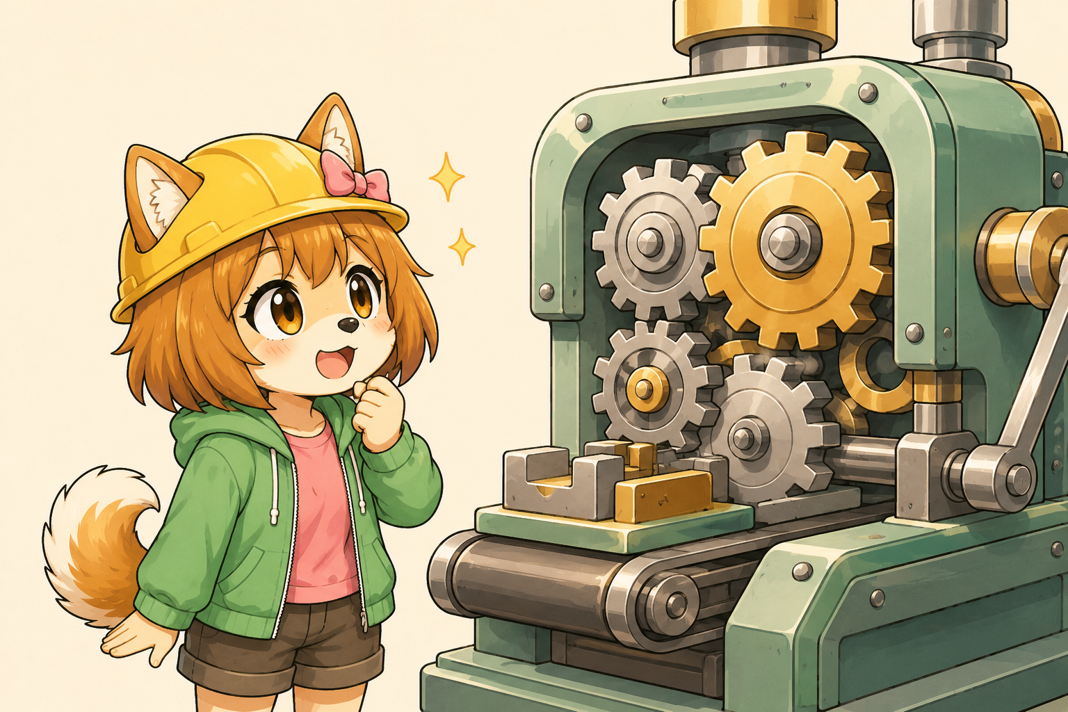 ヘルメットをかぶって機械を見上げるしばみ（設備投資促進税制のイメージイラスト）
