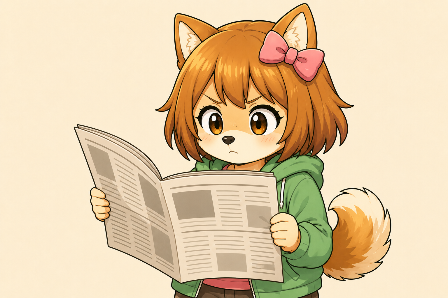 新聞を読んで制度改正を確認するしばみ（消費税改正のイメージイラスト）