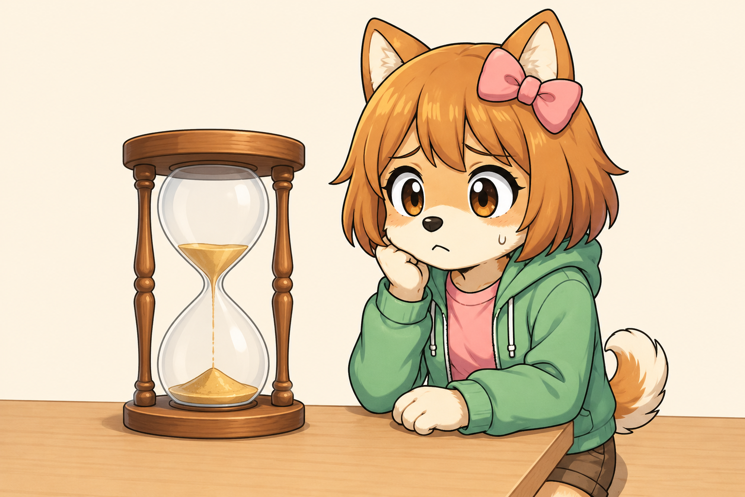 残り少ない砂時計を心配そうに見つめるしばみ（2割特例の終了期限のイメージイラスト）